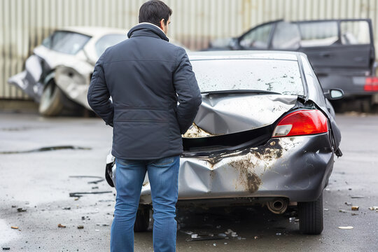 Man looking at his car after car crash accident. Generative AI.