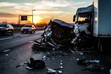 Car crash accident with TIR truck on road. Generative AI. - obrazy, fototapety, plakaty