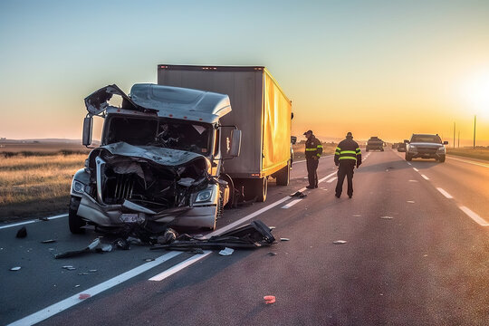 Car crash accident with TIR truck on road. Generative AI.