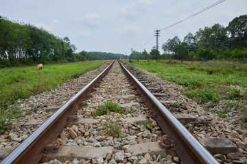 Fototapeta premium Empty railroad tracks against the green lawn