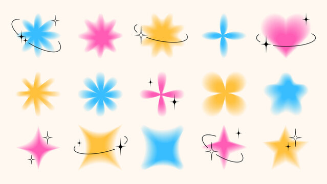 Trendy Y2K blurred objects, flowers, stars, heart and sparks. Group of retro graphic design elements with decorative stars and black frames.