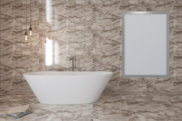Fototapeta na wymiar Spacious bathroom in gray tones with heated floors, freestanding tub. 3D rendering./. Mockup. Empty paintings
