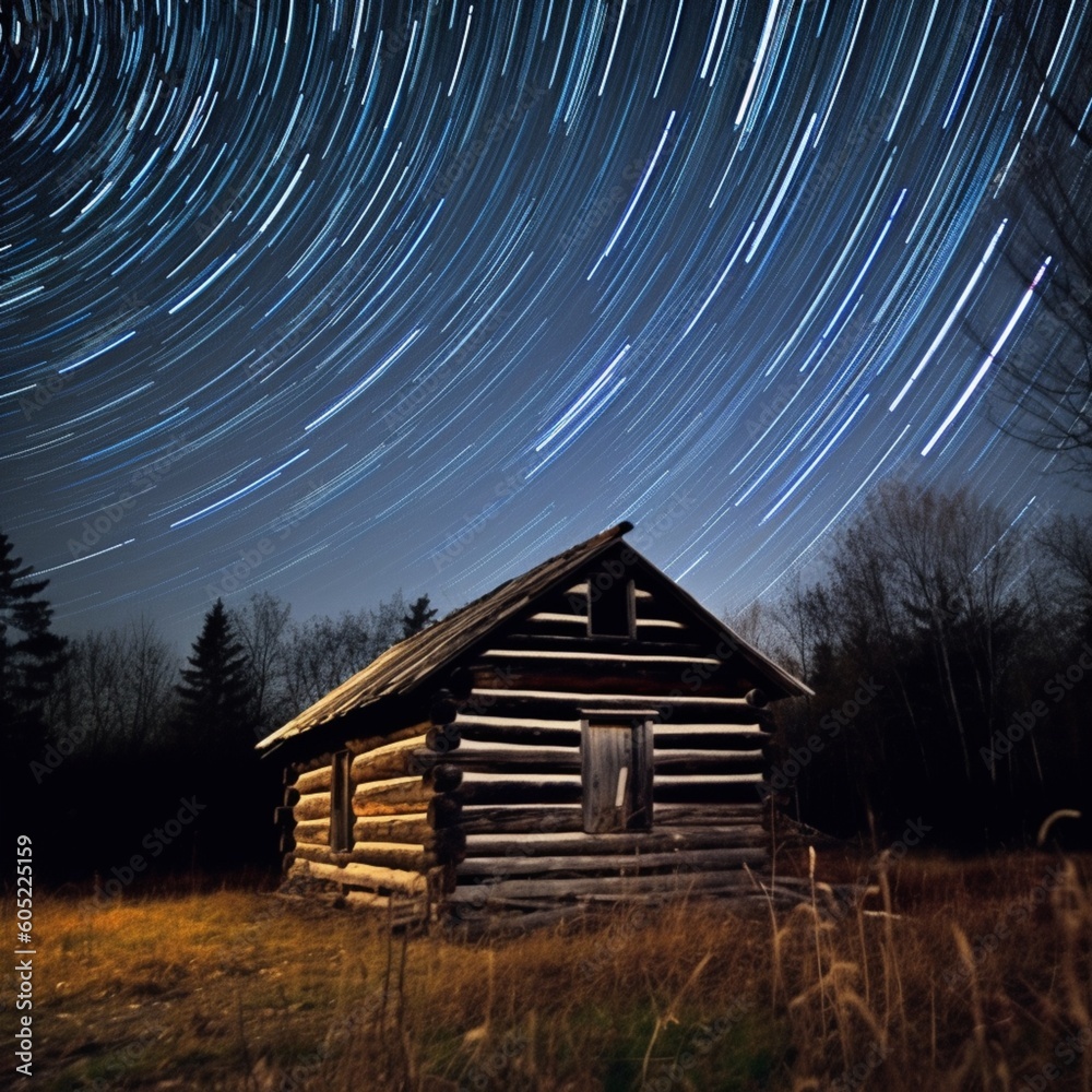 Wall mural star trails over isolated cabin, generative ai