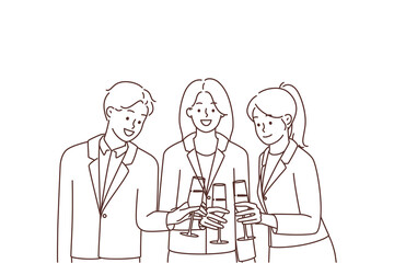 Smiling businesspeople with glasses celebrate in office 