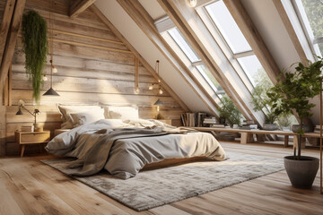 Modern cozy wooden bedroom, eco interior design with beige colors and plants. Super photo realistic background, generative ai illustration
