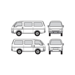 outline of a minibus car, year 1992, travel and roads, isolated white background, front, back and side view