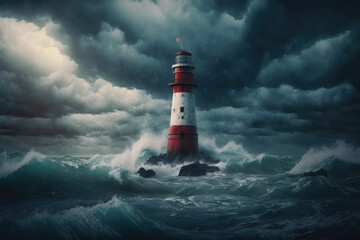Fototapeta na wymiar Lighthouse in the middle of the sea during stormy day. Big waves and moody weather. Somewhere on the planet earth, thunderstorm.