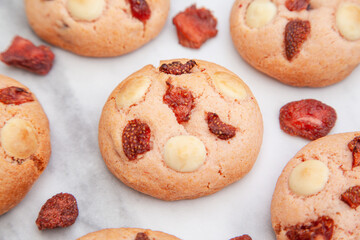 Fresh baked, Strawberry soft cookie with white chocolate