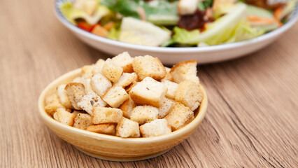 Fresh baked crouton, crispy bread with garlic and oregano for salad and soup
