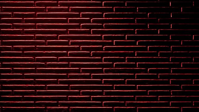 brick wall texture animation with red lights. Abstract surface background with camera move