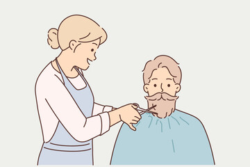 Woman hairdresser from barbershop cuts beard and mustache to man who does not want to shave
