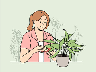 Smiling woman clean leaves on houseplant. Happy girl take care of plant at home. Gardening and hobby concept. Vector illustration. 