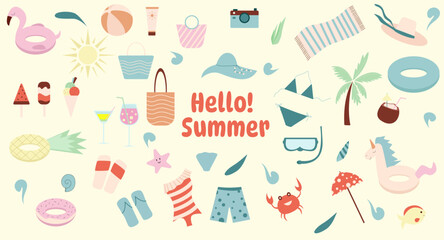 Set of cute summer icons: rubber ring, beach bags, swimwear, hats, food, drinks, palm leaves. Collection of scrapbooking elements for beach party.