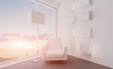 Furniture set with table, chairs and devices. 3D rendering.. Sunset.