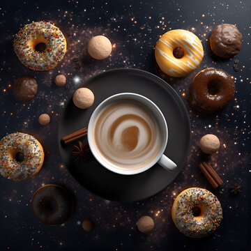 Cappuccino with creative cakes and donuts. Universe, space, concept. Flat lay. Dark background. Generative AI