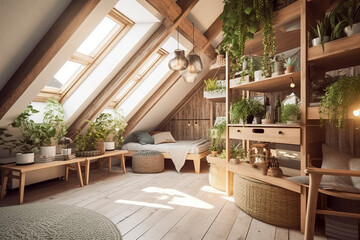 Fototapeta premium Modern cozy wooden bedroom, eco interior design with beige colors and plants. Super photo realistic background, generative ai illustration