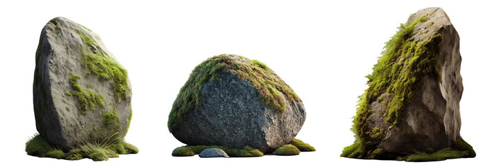 Beautiful natural rock with moss, transparent background, 3d rendering, can be used for natural garden yard decoration, generative ai.	