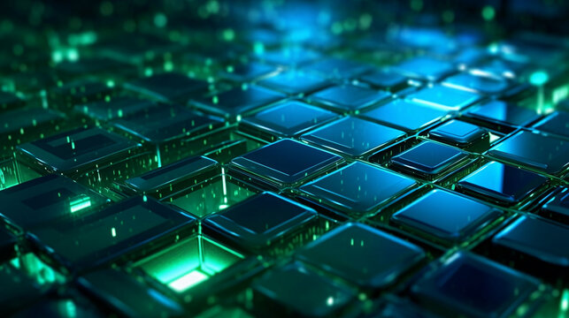 Blue and green background with a tech square matrix. Generative AI