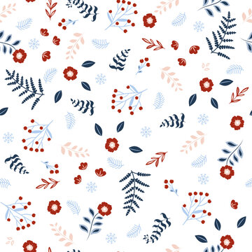 Christmas seamless pattern.Floral seamless pattern with twigs, berries, winter branches and flowers