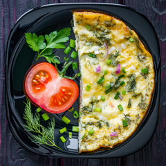 omelette on the black plate decorated with vegetables on a wooden background - obrazy, fototapety, plakaty