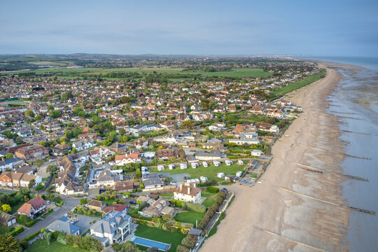 Aerial view along the beach and Sea Road in East Preston on the Southern coast of England in West Sussex.