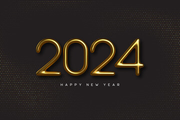 Gold 2024 Happy New Year. 3d metallic golden numbers on black background. Luxury glitter dotted pattern. Vector illustration.