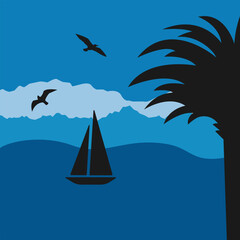 Fototapeta na wymiar Vector summer banner with palm trees, sailboat and seagulls on a dark blue background. Summer poster, flyer, invitation, label, card with the inscription Time to travel