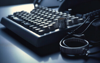 Obraz na płótnie Canvas a black padlock with an important security lock on a keyboard