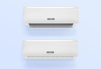 Air conditioner 3d render icons set. Conditioning off and on regime for home and office, modern electronic appliance for controlling temperature and climate in room, realistic mockup. 3D illustration