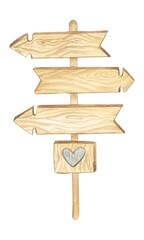 Wooden pointer with arrows in different directions. Road sign. Watercolor illustration on a white background.