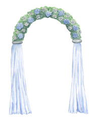 Wedding arch with floral arrangement, blue fabric drapery and greenery. Watercolor illustration on a white background. Clipart for wedding ceremony