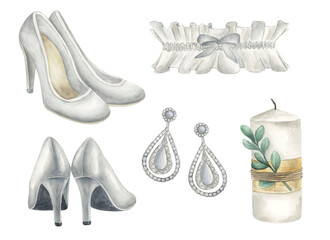 Accessories for the bride. Set of watercolor elements on a white background. White shoes, earrings, leg garter, candle. Wedding clipart on white background