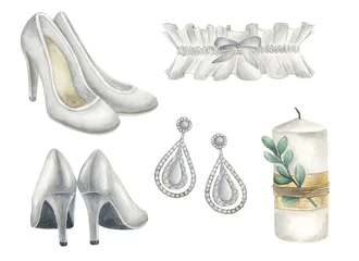 Tuinposter Accessories for the bride. Set of watercolor elements on a white background. White shoes, earrings, leg garter, candle. Wedding clipart on white background © Катерина Тышковская