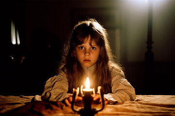 A cinematic shot of a girl in the candlelight, in a style of 1970's horror movies, ai generative