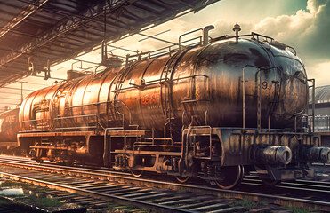 Fototapeta na wymiar a train at a railway station with cargo on it