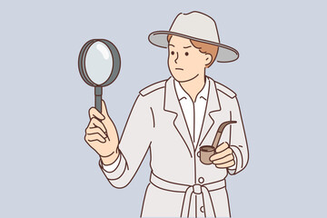 Sherlock holmes with magnifying glass investigates crime using deduction and smokes tobacco pipe
