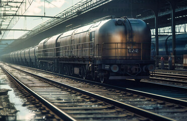 Fototapeta na wymiar a train at a railway station with cargo on it