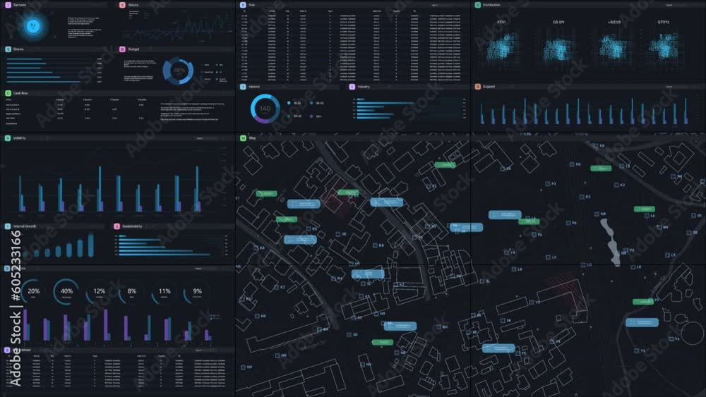 Aufkleber Dark Monitoring Software Mockup With City Map Updating In Real Time And Graphs And Charts With Analytical Data. Computer Programm For Business Expansion Planning Template For Desktop or Laptop Screens