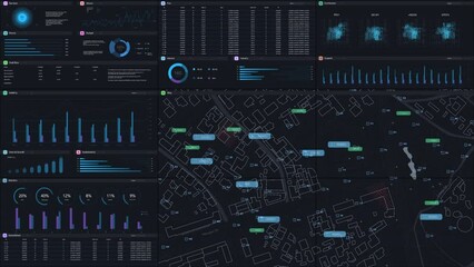 Dark Monitoring Software Mockup With City Map Updating In Real Time And Graphs And Charts With Analytical Data. Computer Programm For Business Expansion Planning Template For Desktop or Laptop Screens