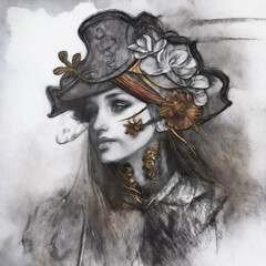 Kohlezeichnung einer Piratin auf nassem Papier, goldene Akzente, Fantasy Thema, Porträt, Generative AI