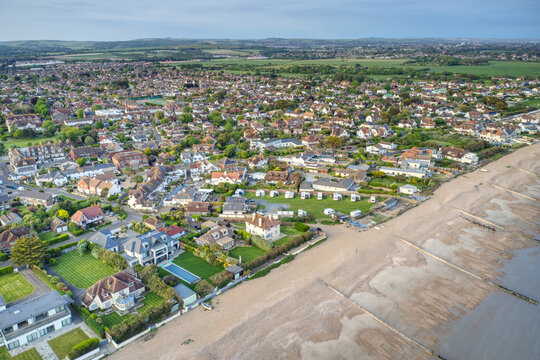East Preston seafront in West Sussex looking towards Angmering by Sea, Aerial. 