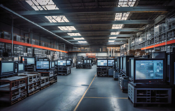 a large warehouse with televisions and other products