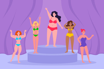 Beautiful women with different body types on podium or pedestal. Slim, muscular, overweight females, girls of different shapes and sizes vector illustration. Beauty, body positivity concept