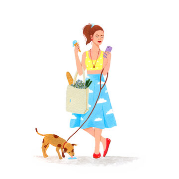 Young woman in a summer outfit is staring at her smart phone, her dog is licking her dripping ice cream, isolated background