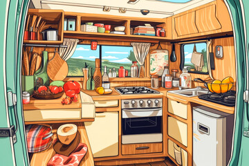 Illustration, vector or background of a camper van kitchen in knolling style. Van life. 