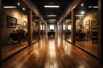 an office has several wood floors and glass wall panels
