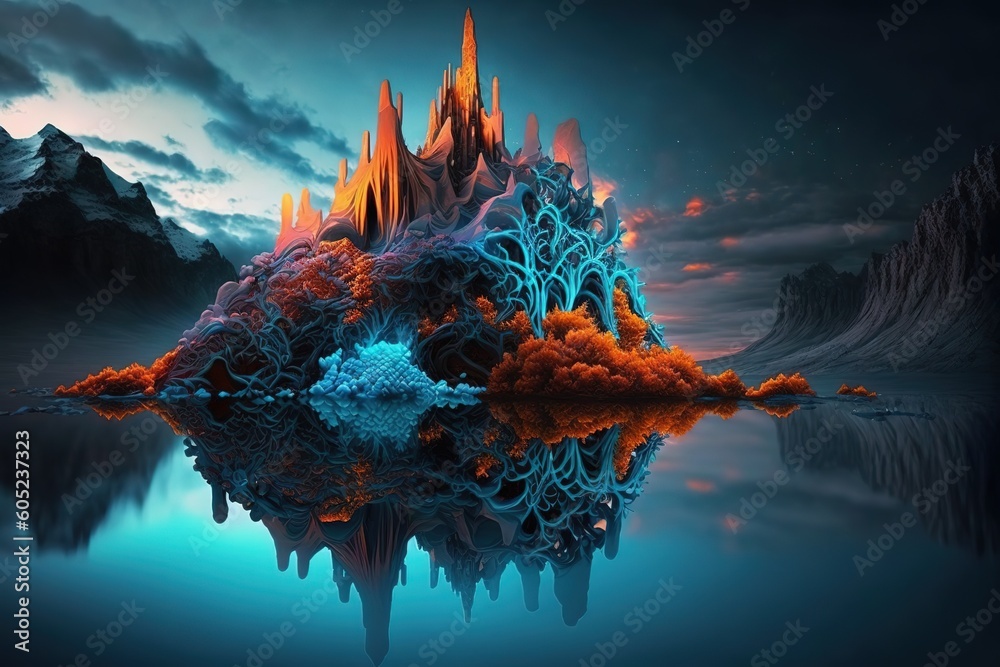 Aufkleber beautiful solidified multi-colored lava at the peak of a mountain in a sea bay. generative ai