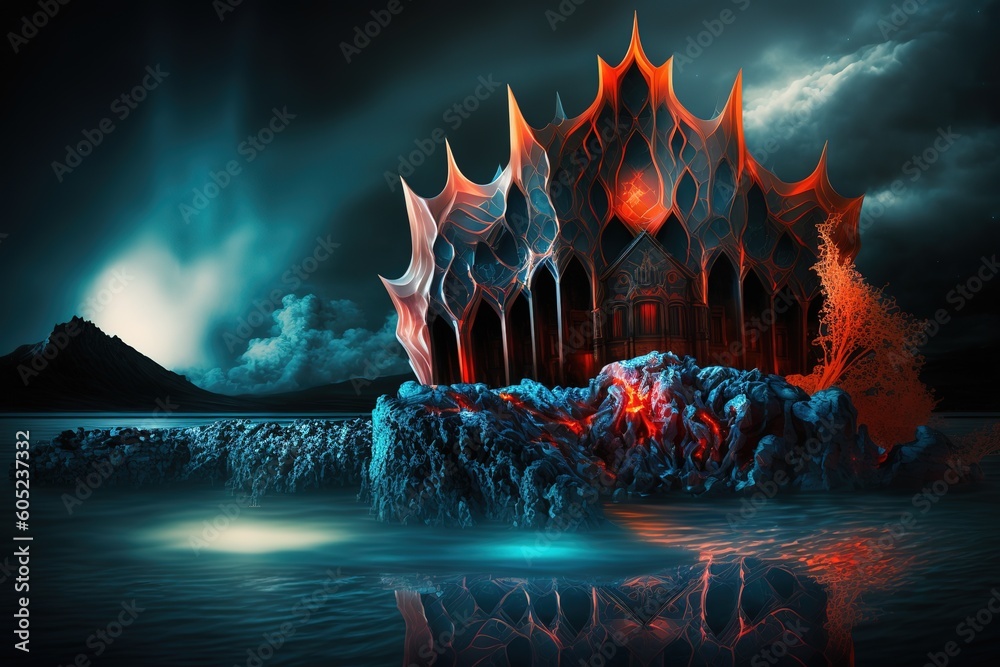 Aufkleber a beautiful palace in a fiery glow on the shore of a reservoir under the night sky. generative ai