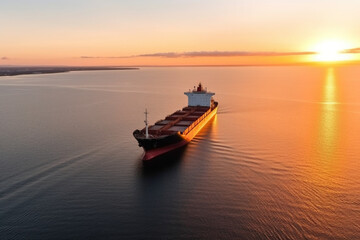 Aerial view of cargo ship bulk carrier is loaded with grain of wheat in port at sunset