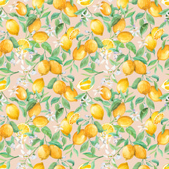Watercolor lemon seamless pattern. Ripe citruses on branches, foliage and flowers on a beige background. Tropical summer design for fabric, wallpaper, packaging, menu.
